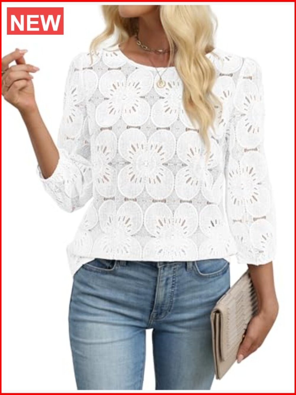 Eyelet Lace 3/4 Sleeve Blouse Dressy Casual Top Lightweight Nylon Blend - Picture 4 of 7